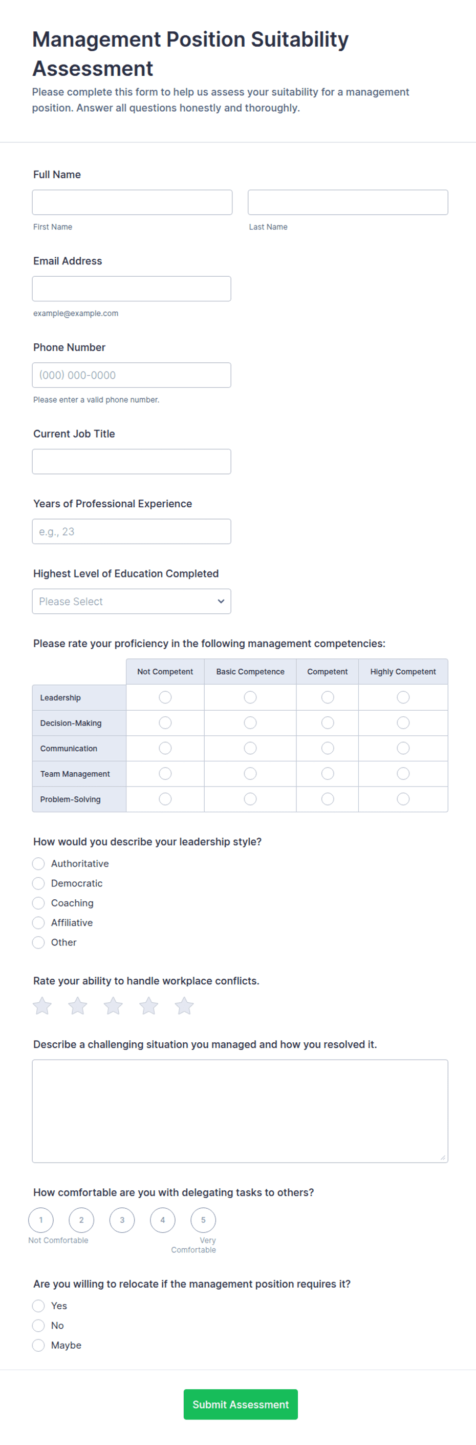 Management Position Suitability Assessment Form Template | Jotform