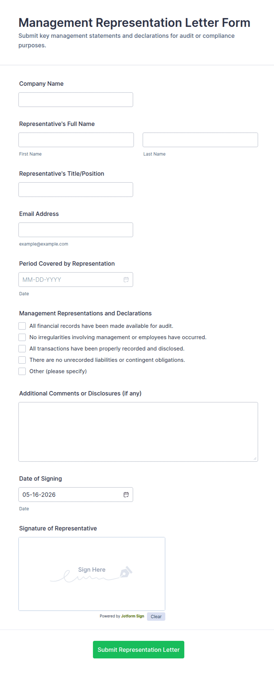 Representation Format Management Representation Letter Form Template | Jotform