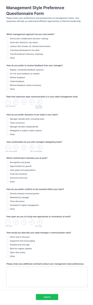 Management Style Preference Questionnaire Form Template