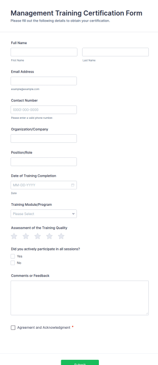 Management Training Certification Form Template