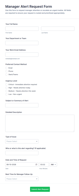 Manager Alert Request Form Template