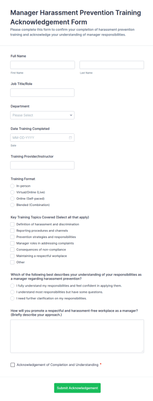Manager Harassment Prevention Training Acknowledgement Form Template