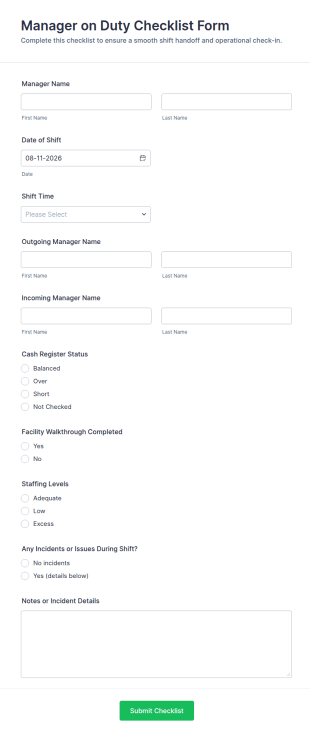 Manager On Duty Checklist Form Template