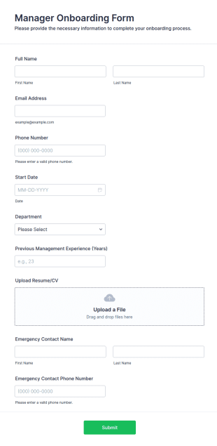 Manager Onboarding Form Template