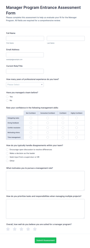 Manager Program Entrance Assessment Form Template