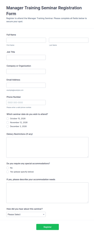 Manager Training Seminar Registration Form Template