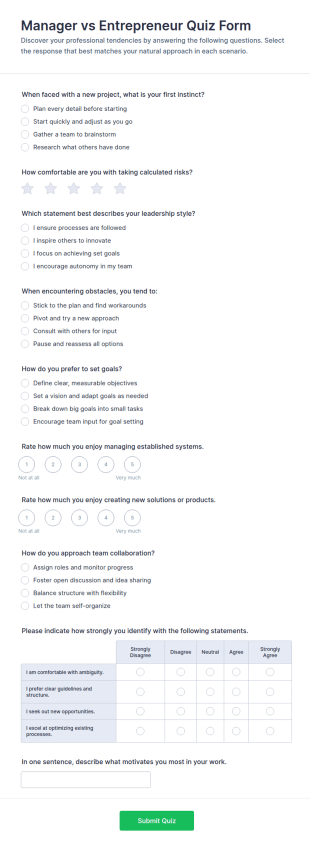 Manager Vs Entrepreneur Quiz Form Template