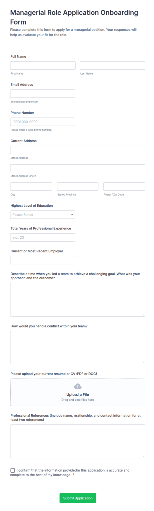 Managerial Role Application Onboarding Form Template