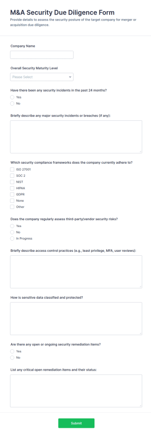 M&A Security Due Diligence Form Template