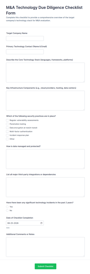 M&A Technology Due Diligence Checklist Form Template