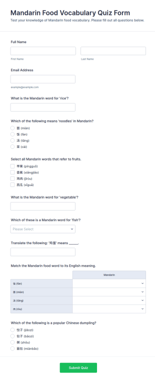 Mandarin Food Vocabulary Quiz Form Template