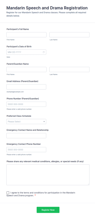Mandarin Speech And Drama Registration Form Template