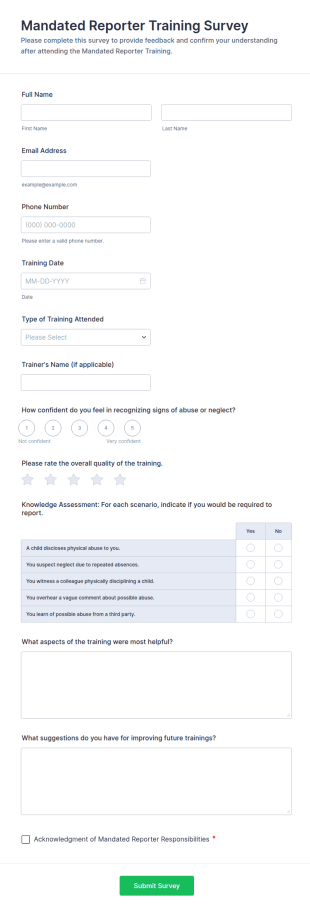 Mandated Reporter Training Survey Form Template
