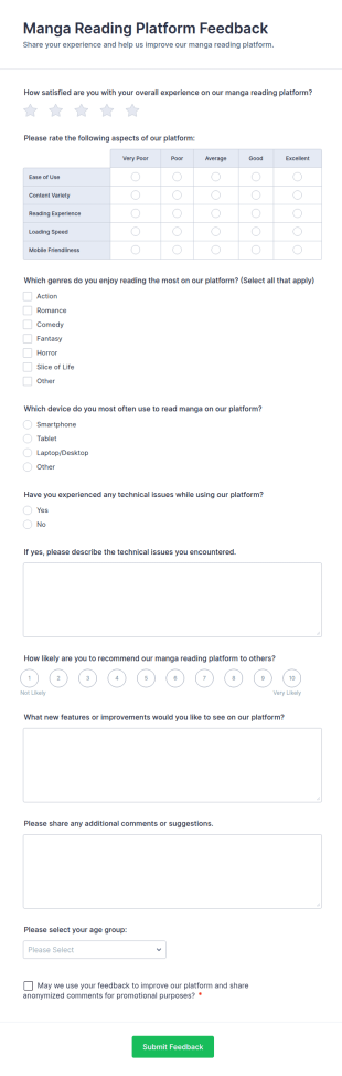 Manga Reading Platform Feedback Form Template