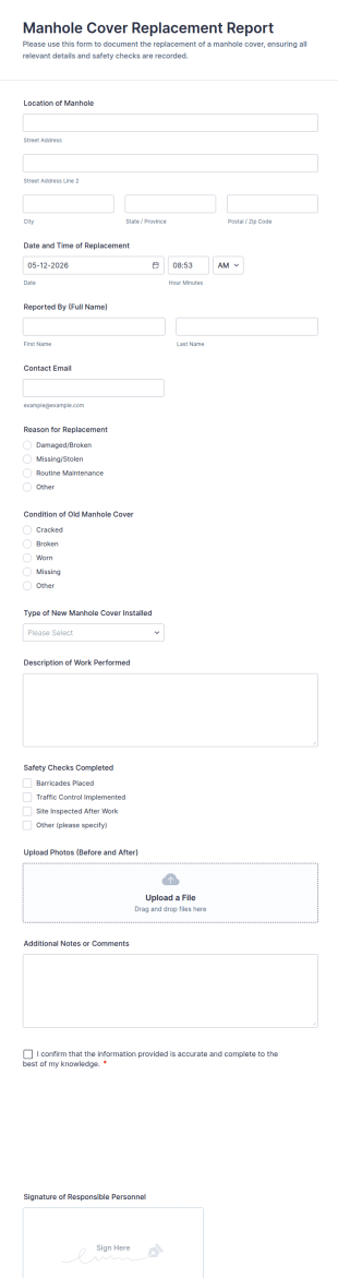 Manhole Cover Replacement Report Form Template
