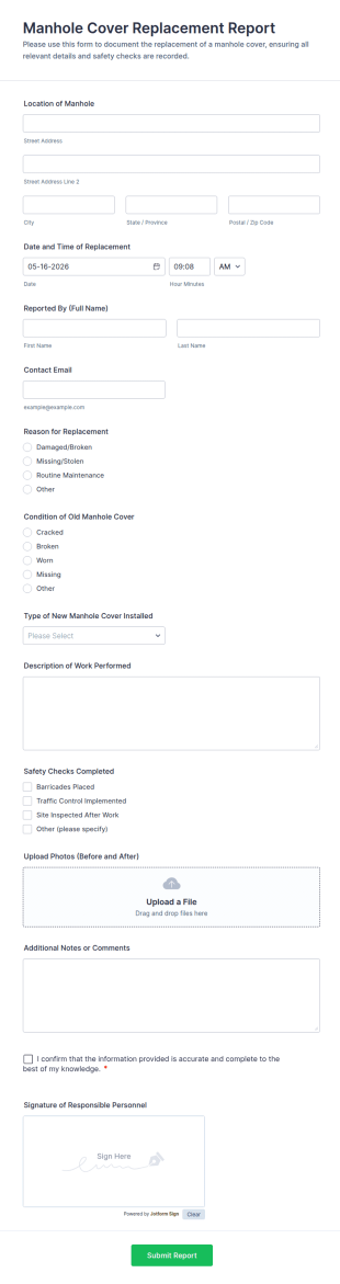 Manhole Cover Replacement Report Form Template