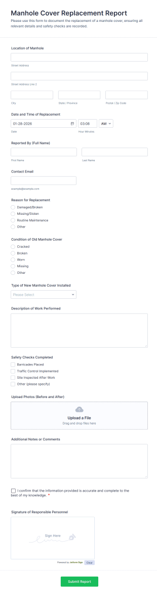 Manhole Cover Replacement Report Form Template