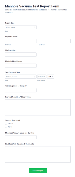 Manhole Vacuum Test Report Form Template