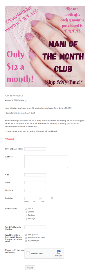 Mani Of The Month Club! Form Template