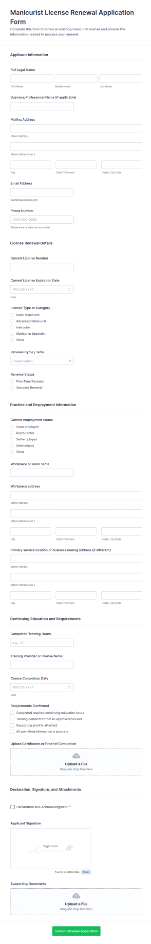 Manicurist License Renewal Application Form Template