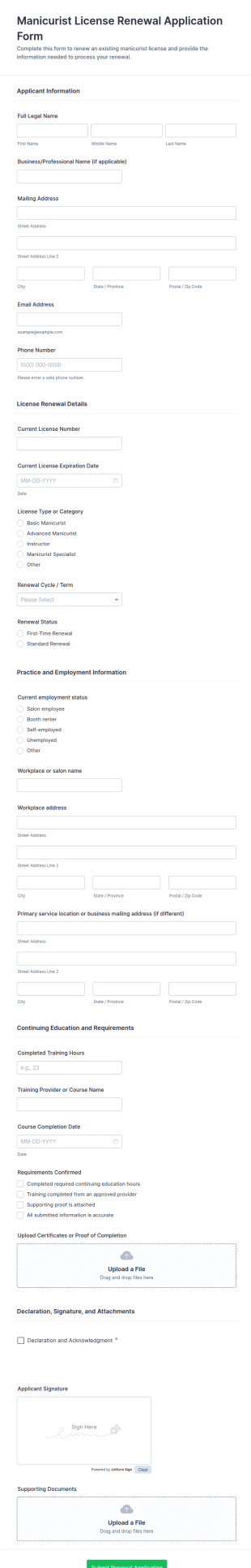 Manicurist License Renewal Application Form Template