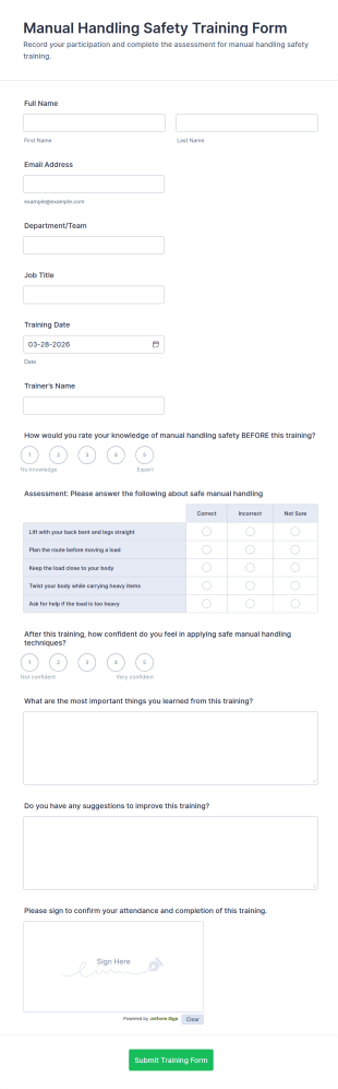 Manual Handling Safety Training Form Template
