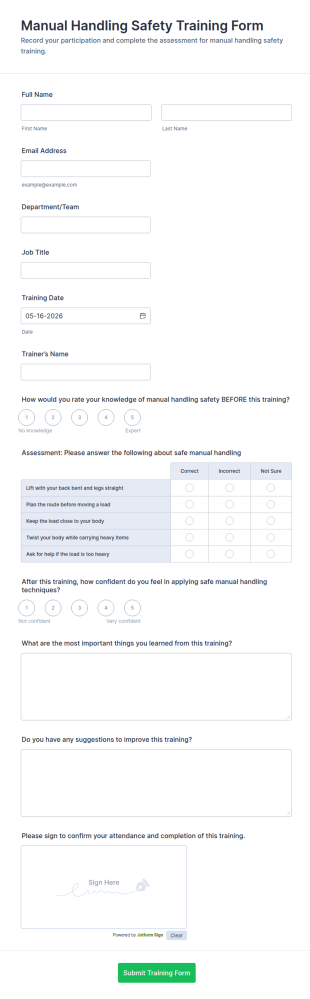 Manual Handling Safety Training Form Template