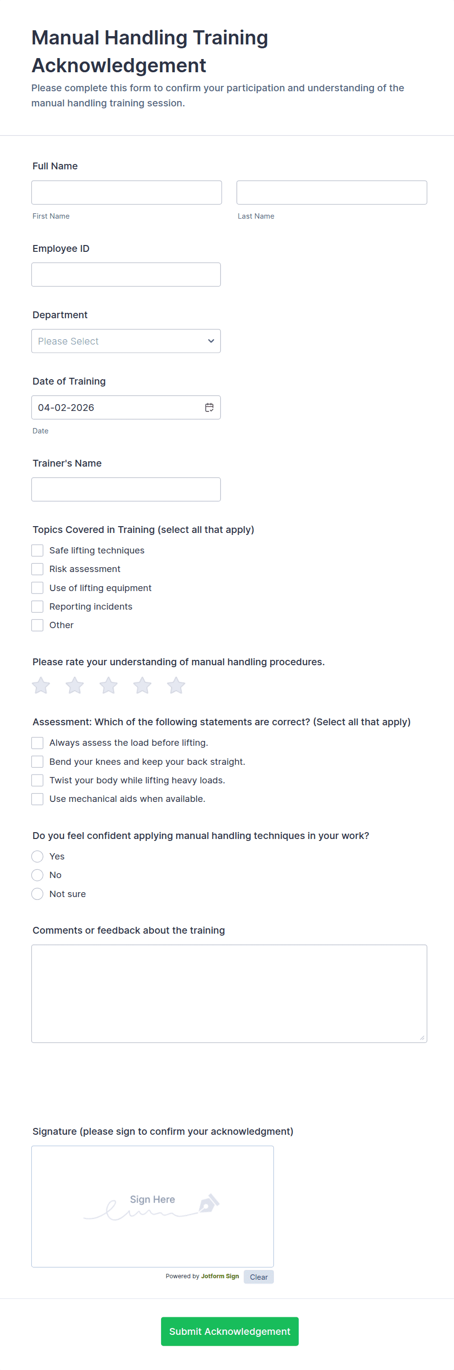 Manual Handling Training Acknowledgement Form Template | Jotform