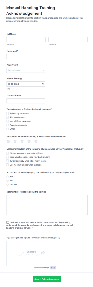 Manual Handling Training Acknowledgement Form Template