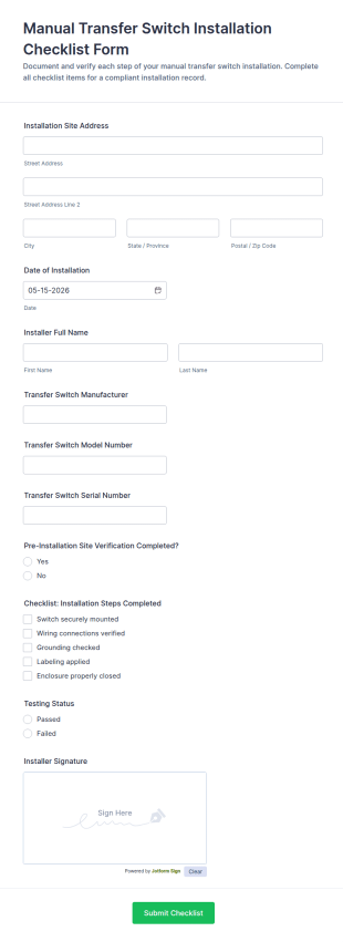 Manual Transfer Switch Installation Checklist Form Template