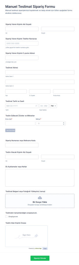 Manuel Teslimat Sipariş Form Şablonu