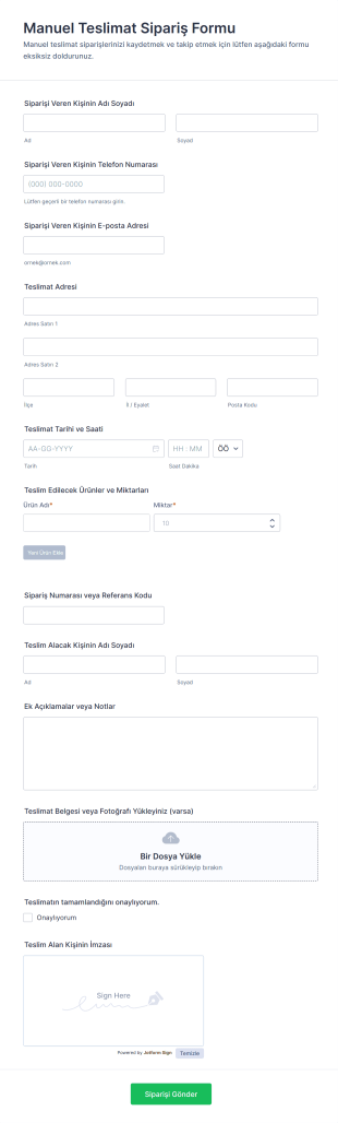 Manuel Teslimat Sipariş Form Şablonu