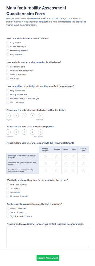 Manufacturability Assessment Questionnaire Form Template