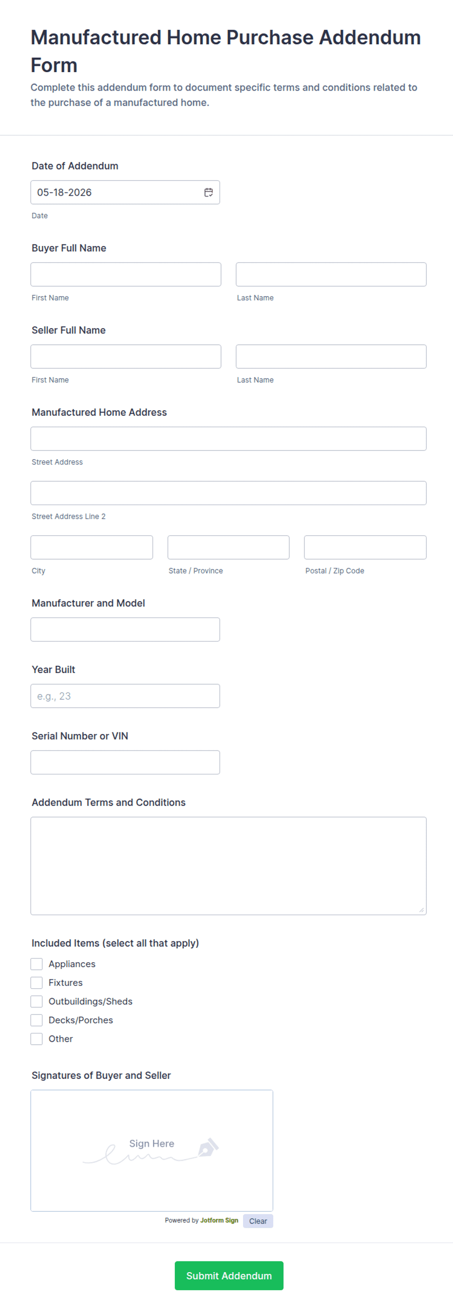 Manufactured Home Purchase Addendum Form Template | Jotform