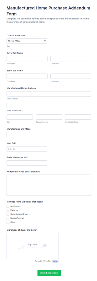 Manufactured Home Purchase Addendum Form Template