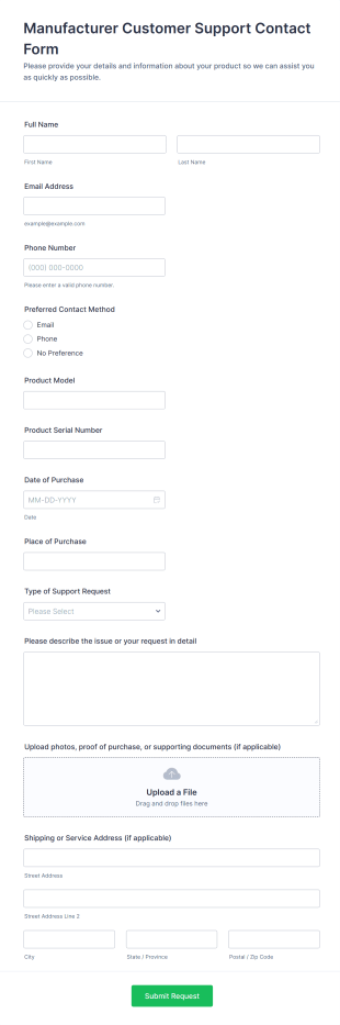 Manufacturer Customer Support Contact Form Template