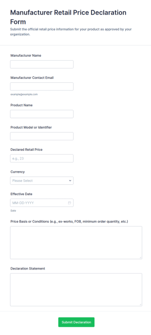 Manufacturer Retail Price Declaration Form Template