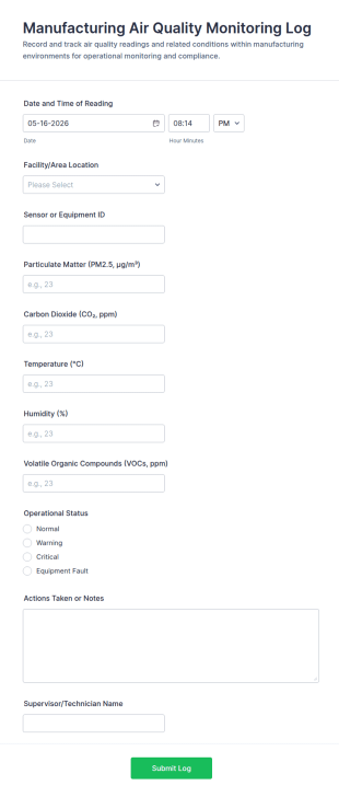 Manufacturing Air Quality Monitoring Log Form Template