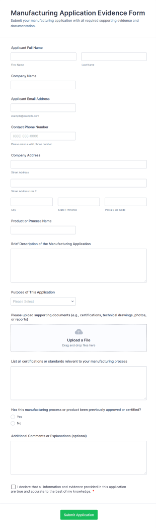 Manufacturing Application Evidence Form Template