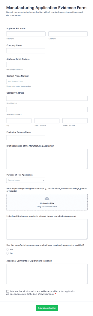Manufacturing Application Evidence Form Template