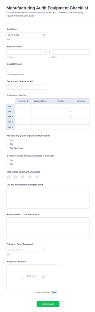 Manufacturing Audit Equipment Checklist Form Template