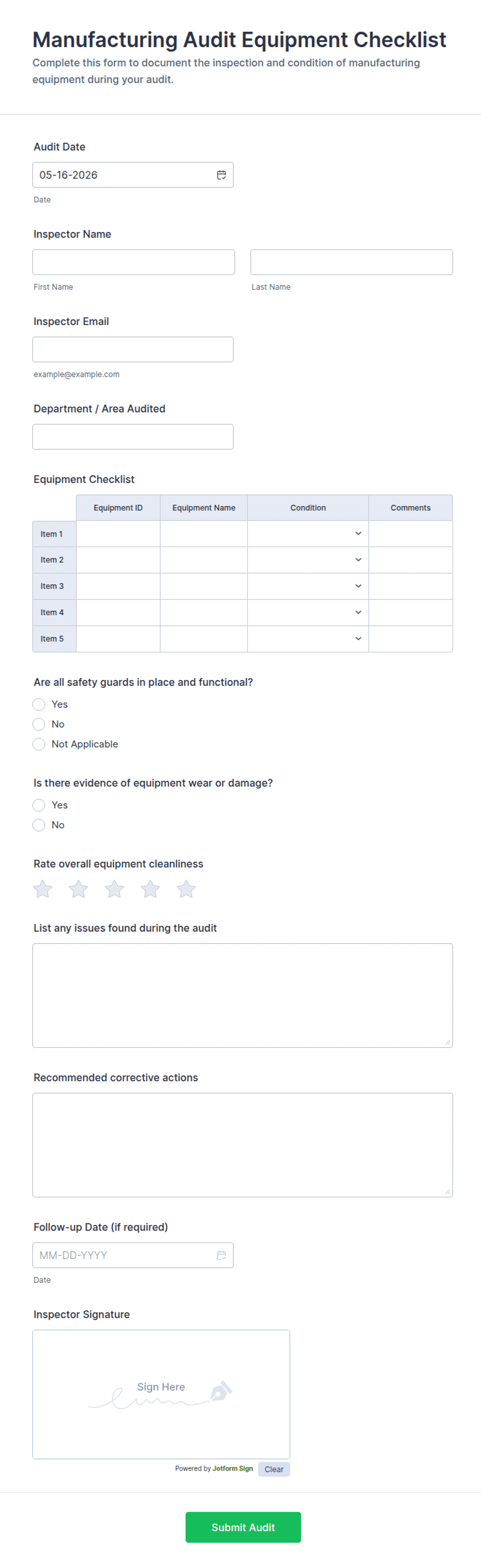 Simple Manufacturing Checklist Manufacturing Audit Equipment Checklist Form Template | Jotform