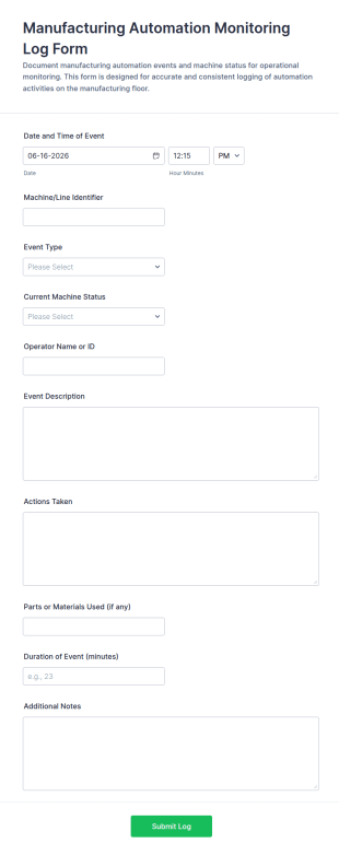 Manufacturing Automation Monitoring Log Form Template