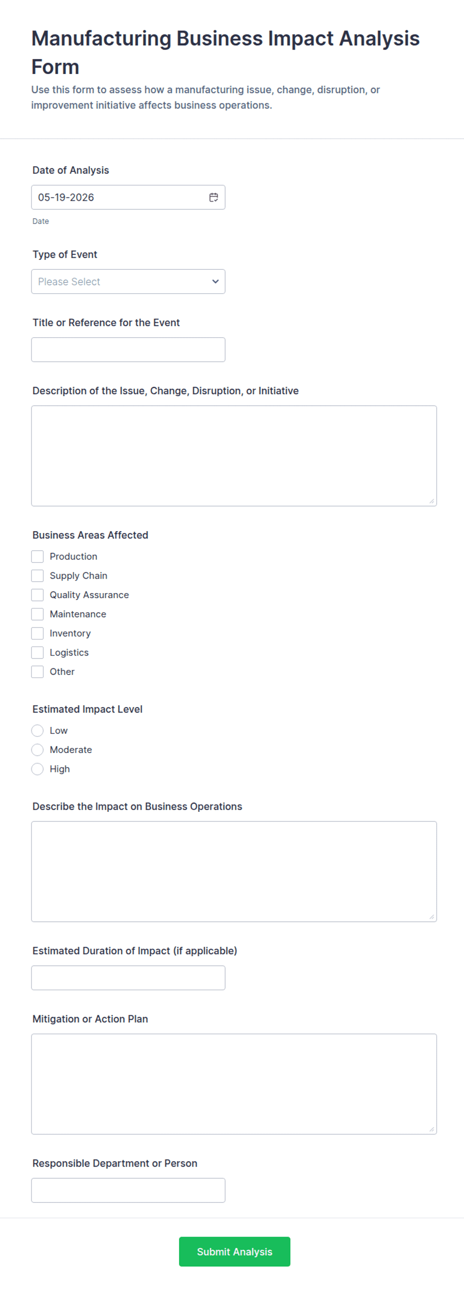 Example Epact Form Manufacturing Business Impact Analysis Form Template | Jotform