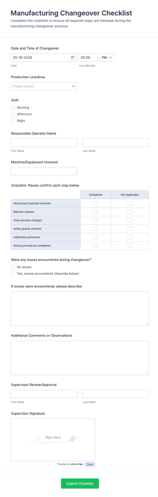 Manufacturing Changeover Checklist Form Template