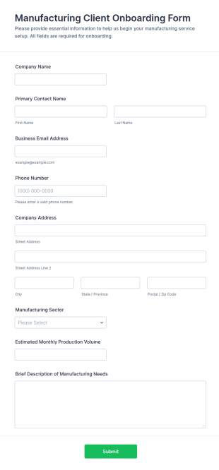 Manufacturing Client Onboarding Form Template