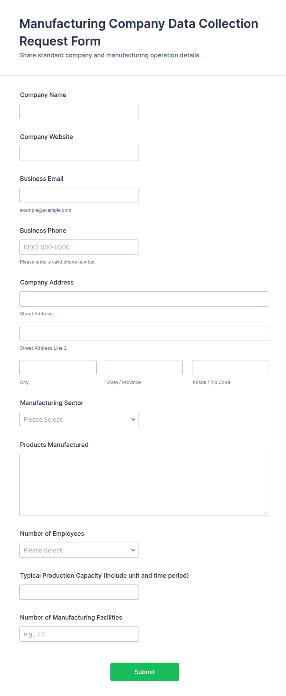 Manufacturing Company Data Collection Request Form Template | Jotform