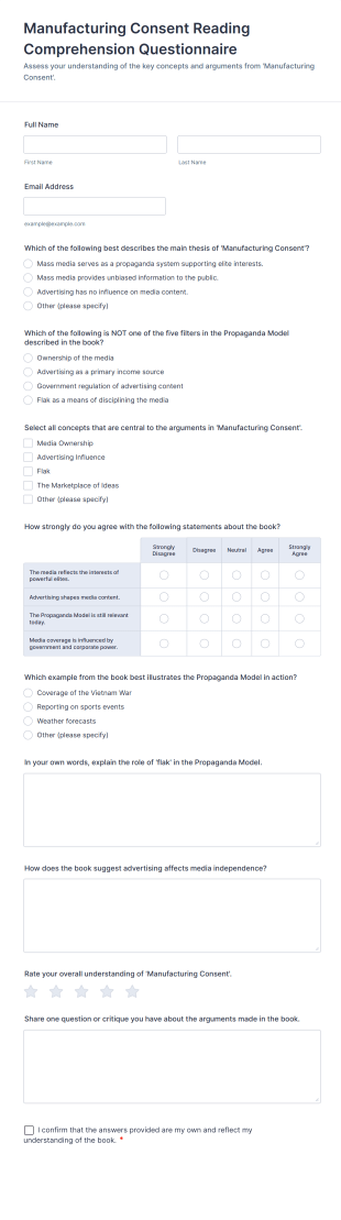 Manufacturing Consent Reading Comprehension Questionnaire Form Template