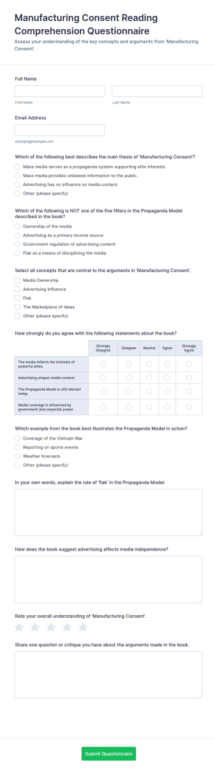 Manufacturing Consent Reading Comprehension Questionnaire Form Template