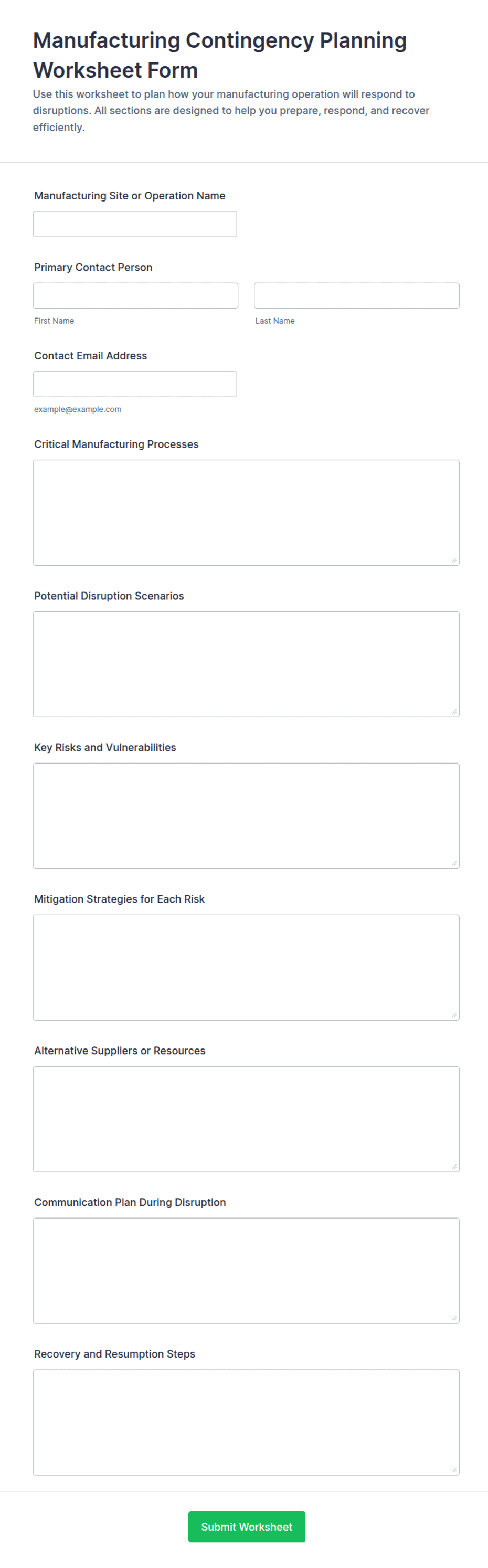 Contingency planning, a worksheet for manufacturing.